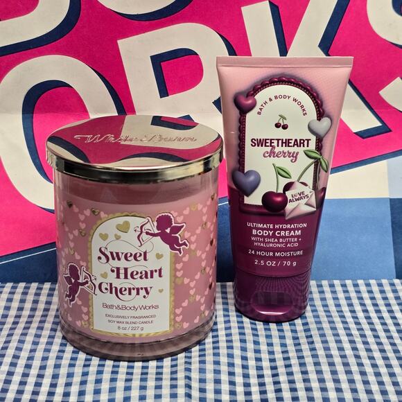 BBW Sweetheart Cherry Single Wick Candle & Ultimate Hydration Body Cream - Picture 1 of 3